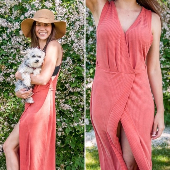 Free People Dresses & Skirts - Free People Salmon Coral Pink Deep V Neck Dress